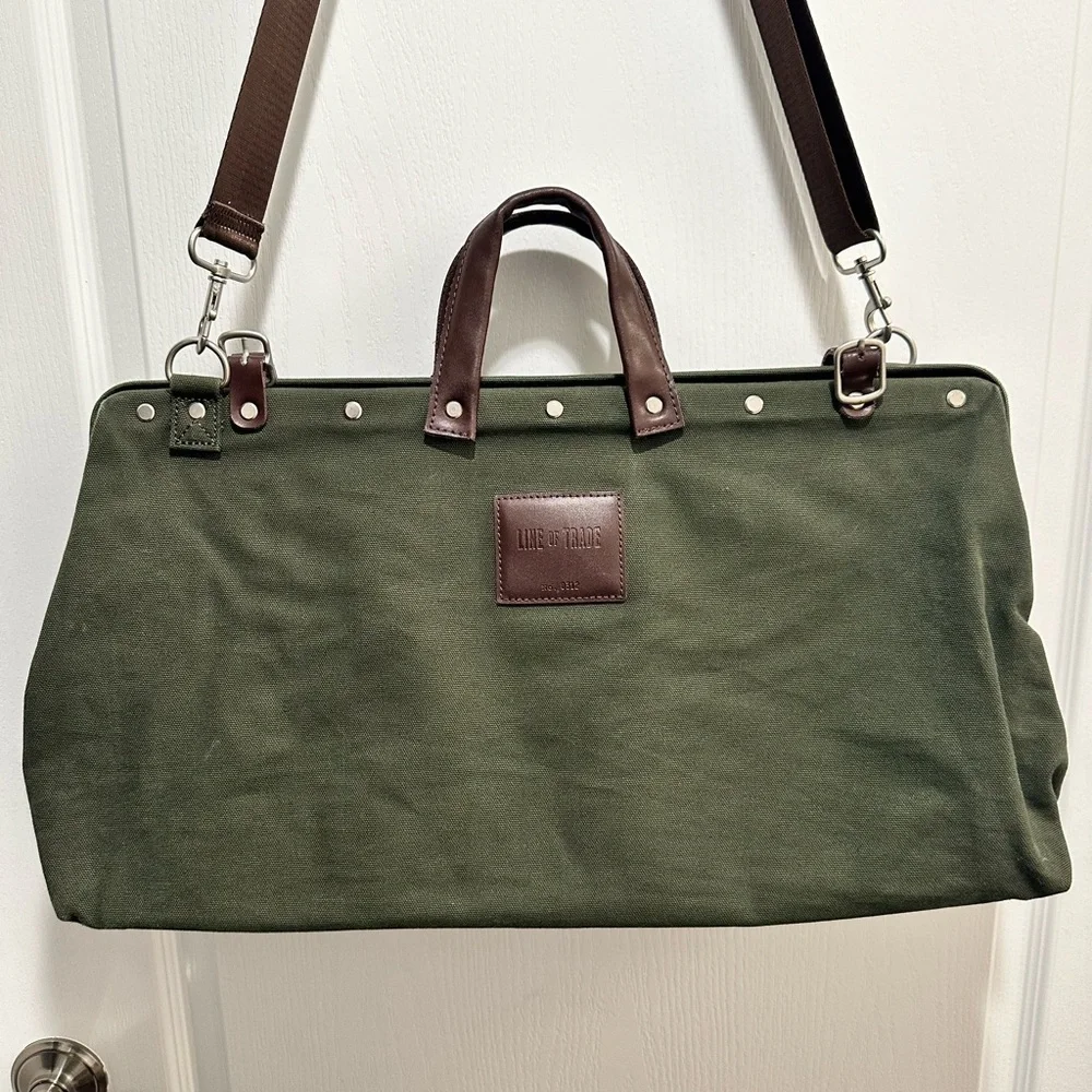 Canvas Weekender Bag LINE OF TRADE Olive Green Canvas Leather Trim - NWOT